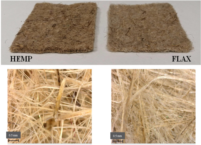 Hemp- and flax-based felts (below: optical microscopy images of the felt surface).