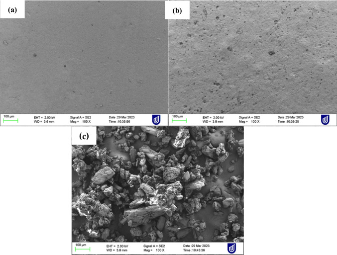 SEM of surface of a drug-loaded film b blank film and c pure drug