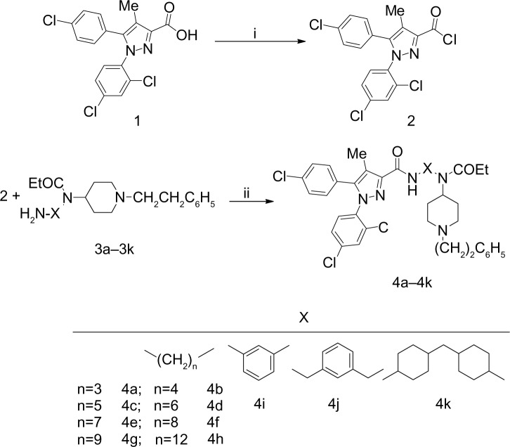 Synthesis of the pyrazole carboxamide derivatives 4a–4k. Reagents and conditions: (i) SOCl2, toluene, Δ (reflex temperature); (ii) CH2Cl2, Et3N, room temperature.