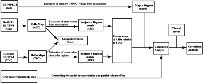 Flowchart of the statistical analysis pipeline. ASD, autism spectrum disorder; TDC, typically developing control; PET, positron emission tomography; SPECT, single‐positron emission computed tomography.
