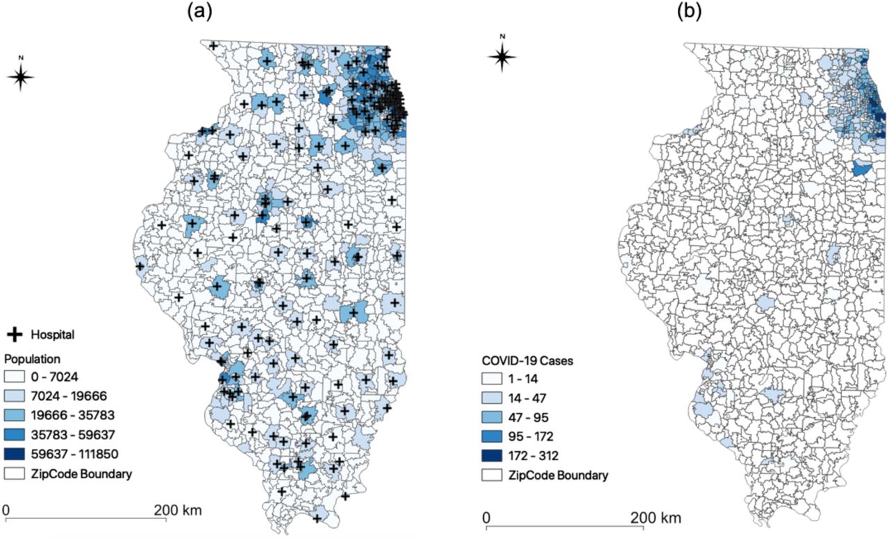 Datasets of hospital, population, COVID-19 cases in Illinois: (a) spatial distribution of hospitals and population; (b) spatial distribution of confirmed COVID-19 cases.