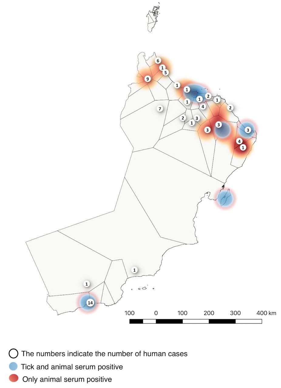 Map of Oman with number of CCHF cases, superimposed on results of previous animal serosurveys for CCHFV antibodies and tick surveys for CCHFV (24-25).