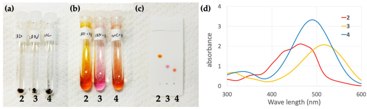 Photographic images of 2–4: (a) in powder form, (b) in dilute solution, (c) and on a TLC plate. (d) UV-vis spectra of 2–4: 2 (red), 3 (yellow), and 4 (blue).