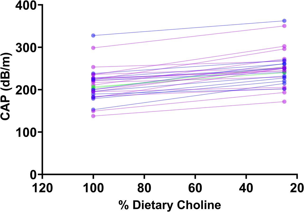 Individual slope plots showing changes in controlled attenuation parameter (CAP) measured by Fibroscan at the end of the 100% AI and 25% AI dietary choline intake.Each line represents one participant, with CAP values (dB/m) measured at the end of each condition. These participants showed at least 10% increase in liver fat when consuming 25% AI compared with 100% AI.