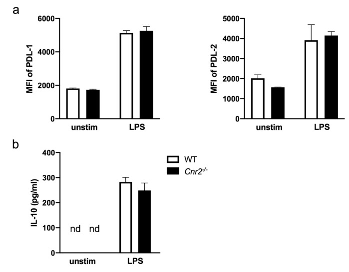 Equivalent surface expression of programmed death-ligand 1 (PD-L1), PD-L2 and IL-10 production by Cnr2−/− and WT BM-DCs after TLR4 stimulation. (a) Surface expression of PD-L1 and PD-L2 by WT (white bars) or Cnr2−/− (black bars) BM-DCs cultured for 16 h in the absence (unstim) or presence of 100 ng/mL LPS. (b) Production of IL-10 by WT (white bars) or Cnr2−/− (black bars) BM-DCs cultured for 16 h in the absence (unstim) or presence of 100 ng/mL LPS. Data show median fluorescence intensity (MFI) ± SEM (n = 3-4 animals/group).