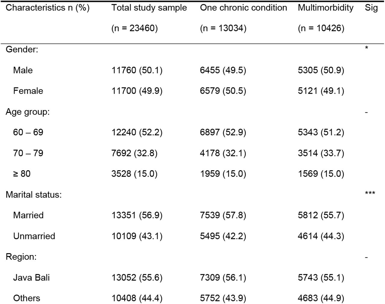 Sociodemographic characteristics of population aged ≥ 60 years with one chronic condition and multimorbidity in hospitals