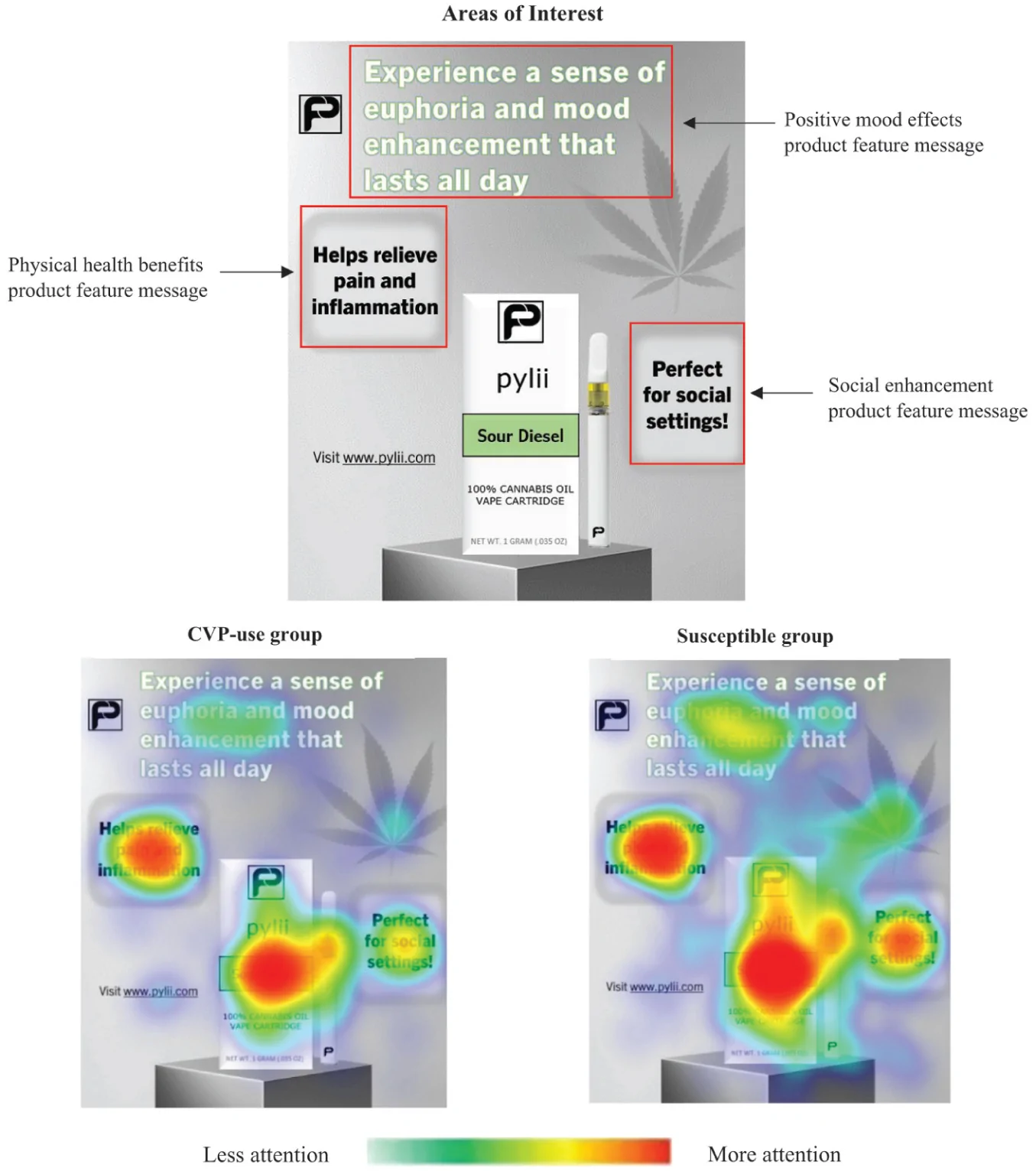 Advertisement eye-tracking study showing marked areas of interest and heat maps comparing visual attention between two consumer groups.