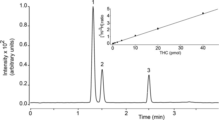 Representative chromatogram showing LC separation of THC and metabolites. (1) 11-OH-THC, (2) 11-COOH-THC, (3) THC. Inset: Isotope dilution calibration curve for THC. 11-COOH-THC, 11-nor-9-carboxy-Δ9-tetrahydrocannabinol; 11-OH-THC, 11-hydroxy-Δ9-tetrahydrocannabinol; LC, liquid chromatography; THC, Δ9-tetrahydrocannabinol.