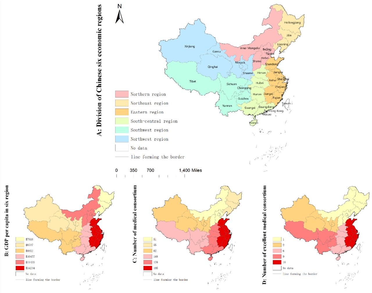 The division of Chinese six economic regions and basic information about them. A shows the six economic regions of China. B shows the GDP per capita of the six regions in 2021. C show the number of pilot sites for medical consortium owned by the six regions in 2019, and D shows the number of medical consortiums owned by the six regions that were rated as excellent in 2021