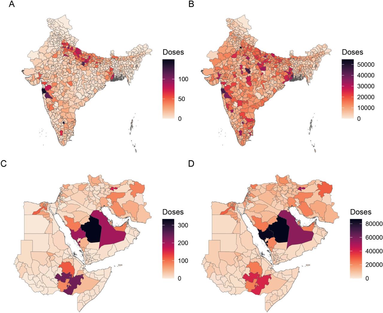 Spatial heterogeneity in predicted outcomes.Vaccination needs for Nipah virus (A,B) and MERS-CoV (C,D), based on the mean (A,C) or maximum (B,D) estimated stockpile size (including ring, catch-up, and healthcare worker vaccination) across 10,000 simulations.