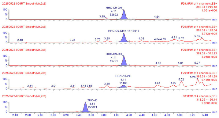 Chromatographic peak of putative HHC-C9 metabolite 11-OH-HHC-C9 from liquid chromatography-mass spectrometry analysis of a blood sample taken three days after ingestion of cannabis cookies. Four mass transitions were recorded. The internal standard tetrahydrocannabinol-d3 is shown in the bottom chromatogram.