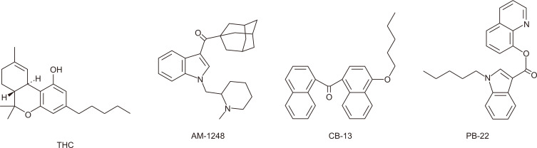 Depiction of structures: tetrahydrocannabinol (THC), AM-1248, CB-13, and PB-22.