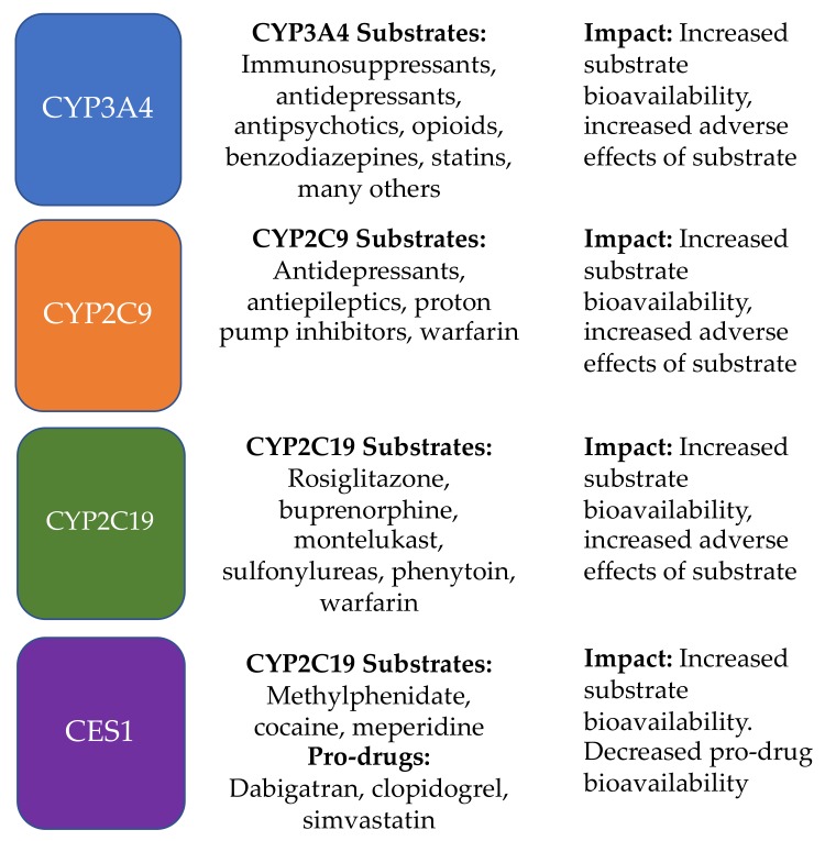 Enzyme targets and example medications that could be affected by THC if co-administered.