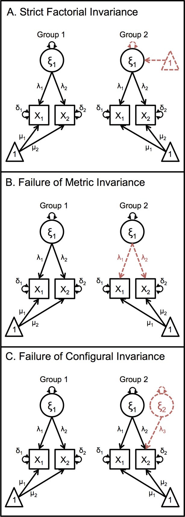 Types of Measurement Invariance.Types of measurement invariance, with parameters unable to be equated displayed in red and dashed. (A) Strict factorial invariance, with between group differences arising from different factor means and/or different factor variances. (B) Failure of metric invariance, with between group differences arising from different factor loadings. (C) Failure of configural invariance, with between group differences arising from different numbers of latent factors.