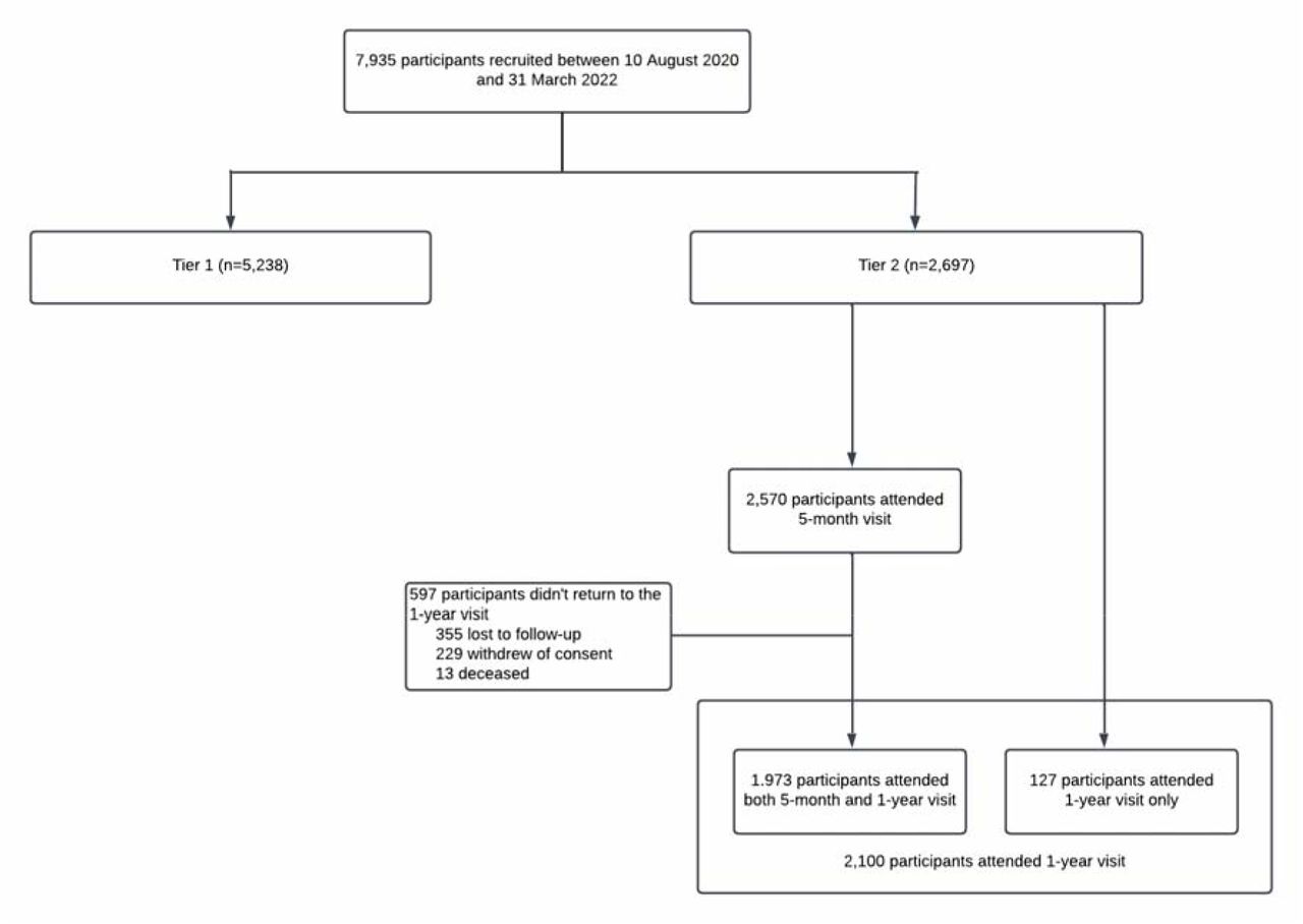 Consort diagram of the PHOSP-COVID study.* The wide range window for the first research visit (2-7 months) was deliberately chosen to accommodate the variation of planned clinical follow up appointments across the different participating sites and to allow the research visit to coincide with the planned clinical follow-up appointments.