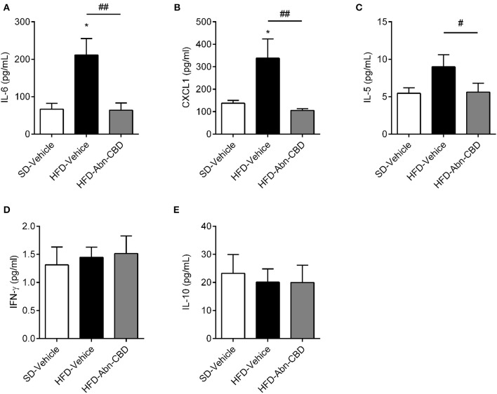 Effect of Abn-CBD on circulating inflammatory cytokines. Plasma levels of IL-6 (A), CXCL1 (B), IL-5 (C), IFN-γ (D), and IL-10 (E) after the 2-week treatment of mice. n = 6 SD-Vehicle, n = 7 HFD-Vehicle and n = 8 HFD-Abn-CBD. *p ≤ 0.05, compared to SD-Vehicle; #p ≤ 0.05 and ##p ≤ 0.01 compared to HFD-Vehicle.
