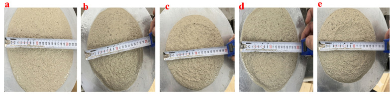 Spread diameter images of (a) PVA-mBN/Hemp-G0, (b) PVA-mBN/Hemp-G0.5, (c) PVA-mBN/Hemp-G1, (d) PVA-mBN/Hemp-G2, and (e) PVA-mBN/Hemp-G4 specimens.