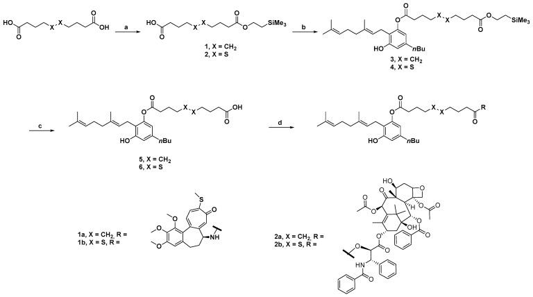 Synthesis of the final products 1a, 1b, 2a, and 2b. Reagents and conditions: (a) 2-(trimethylsilyl)ethanol, EDCI, DMAP, dry DCM/pyridine, rt, overnight, 66%; (b) CBG, EDCI, DMAP, dry DCM, rt, overnight, 43–57%; (c) TBAF, dry THF, rt, 4 h, 60–77%; (d) Desa (1a and 1b) or paclitaxel (2a and 2b), EDCI, DMAP, dry DCM/DMF, rt, overnight, 8–36%.