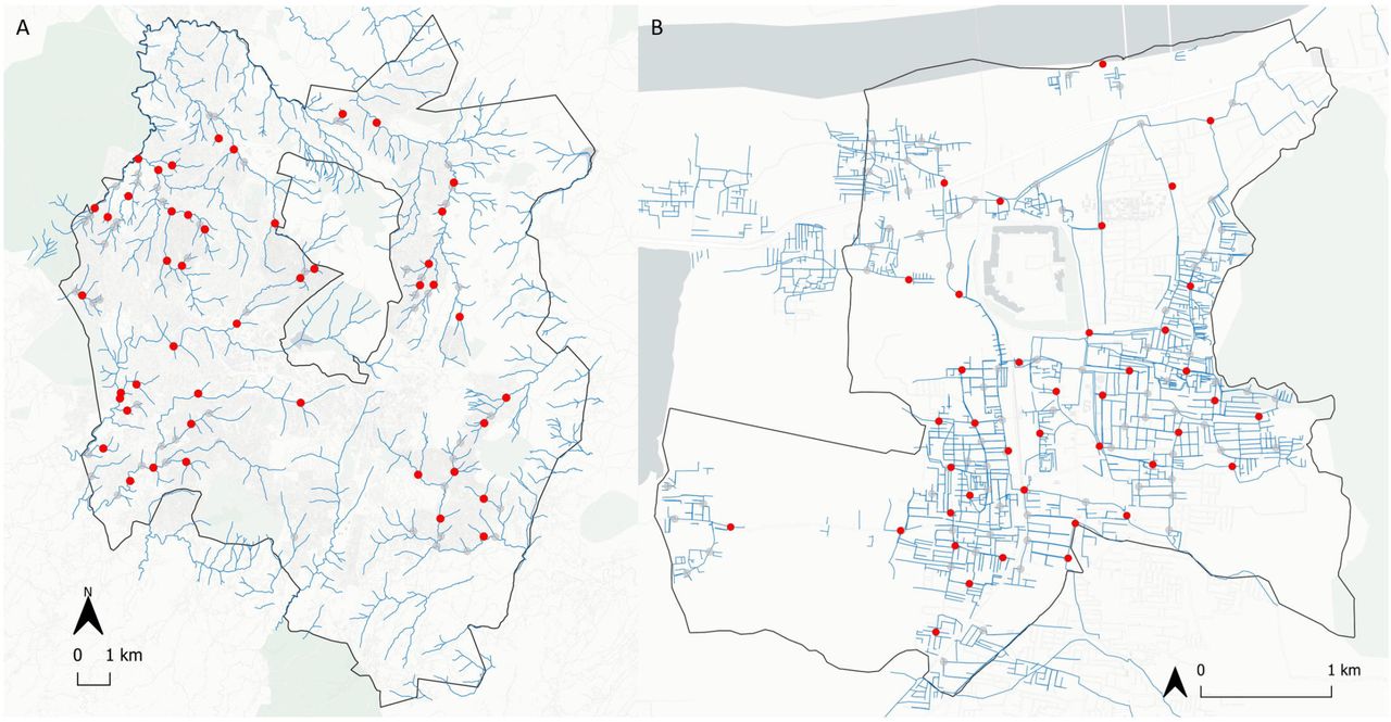 Geographic distribution of ES sites for Blantyre, Malawi (A) and Vellore, India (B).Candidate and confirmed ES sites are shown as grey and red dots, respectively. Blue lines represent the spatial distribution of wastewater networks. Maps were plotted using QGIS 3.10 using base map tiles sourced from CartoDB (using data by OpenStreetMap made available under the Creative Commons Attribution (CC BY) 4.0 license).
