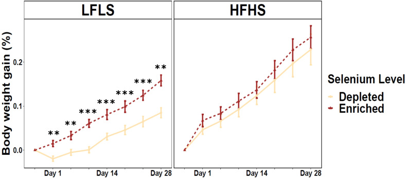 Weight gain in mice fed Se-enriched and Se-depleted LFLS or HFHS diets. Groups of 12 mice (6F/6M) were fed Se-enriched and/or Se-depleted diets combined with LFLS or HFHS diet for 28 days. Generalized linear regression models were used to identify the effects of time or Se and interactions. Data are expressed as mean ± SEM (n = 12). P values of linear contrast analysis are identified when significant ‘***’ P < 0.001, ‘**’, P < 0.01, using contrast between enriched and depleted Se levels, LFLS and HFHS formulations and the combination between Se levels and formulations.