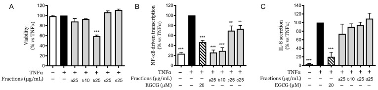 Effects of CSE fractions on viability, NF-κB-driven transcription, and IL-8 secretion in HaCaT cells. (A) Cytotoxicity of CSE fractions at 25 µg/mL (or 10 µg/mL) assessed by MTT assay. (B) NF-κB-driven transcriptional activity in HaCaT cells treated with non-toxic concentrations of CSE fractions (a–d) in the presence of TNFα, measured by luciferase reporter assay. (C) IL-8 secretion levels in HaCaT cells treated with CSE fractions in the presence of TNFα, quantified by ELISA. Data are expressed as mean ± SEM of three independent experiments. ** p < 0.01, *** p < 0.001 vs. TNFα-stimulated control.