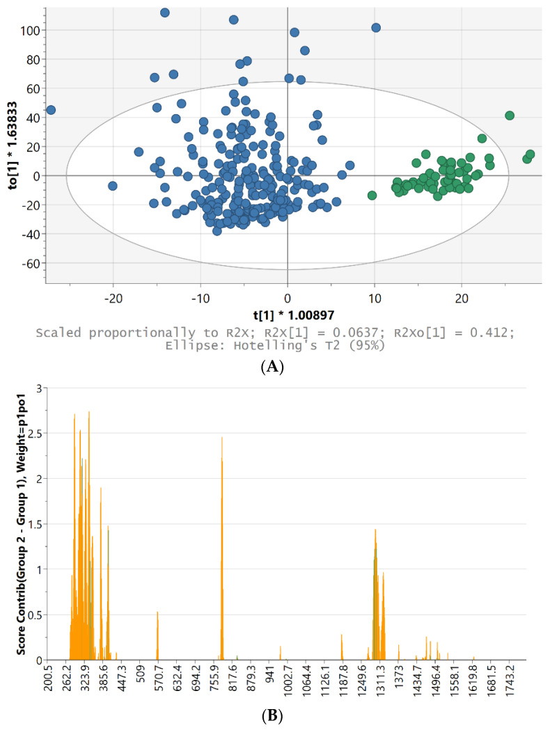 (A) 2D score scatter plot from the OPLS-DA model applied to the Indica (green) and Sativa (blue) marijuana Raman spectra. (B) Contribution plot for the Indica against Sativa marijuana samples. The variables (wavelengths) colored in orange contribute the most to make the Indica class different from the Sativa class.
