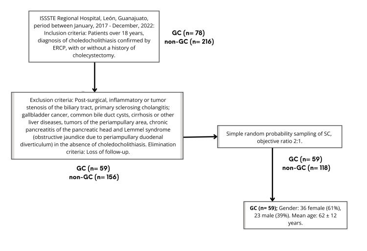 Method flowchart.ISSSTE: Institute for Social Security and Services for State Workers, GC: giant choledocholithiasis, non-GC: non-giant choledocholithiasis, ERCP: endoscopic retrograde cholangiopancreatography, SC: secondary choledocholithiasis