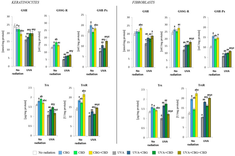 Effects of cannabigerol (CBG) (1 µM) or/and cannabidiol (CBD) (5 µM) on a glutathione (GSH, GSSG-R, GSH-Px) and thioredoxin (Trx, TrxR)-dependent system in keratinocytes and fibroblasts exposed to UVA radiation (30 J/cm2 and 20 J/cm2, respectively). The mean values ± SD of five independent experiments are presented. The statistically significant differences in keratinocytes and fibroblasts are expressed as follows: a—indicates a comparison to the control group; p ≤ 0.05; b—indicates a comparison to the CBG group; p ≤ 0.05; c—indicates a comparison to the CBD group; p ≤ 0.05; x—indicates a comparison to the UVA radiation; p ≤ 0.05; y—indicates a comparison to the UVA+CBG (only in UVA part); p ≤ 0.05; z—indicates a comparison to the UVA+CBD; p ≤ 0.05.