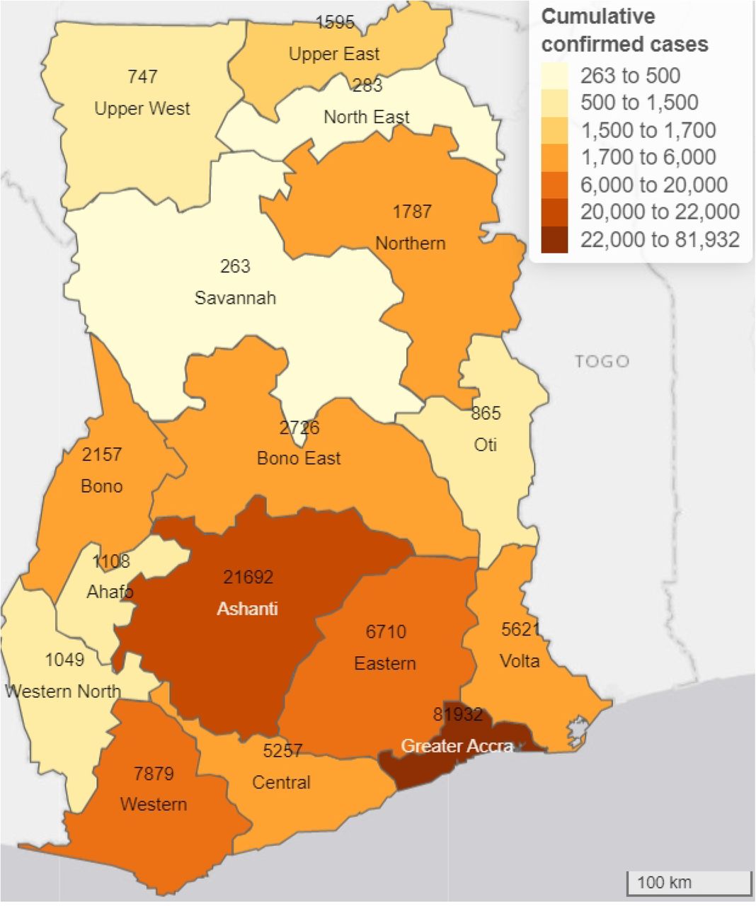 Geospatial distribution of cumulative confirmed cases of COVID-19 by regions in Ghana (12th March 2020 to 31st December 2021).