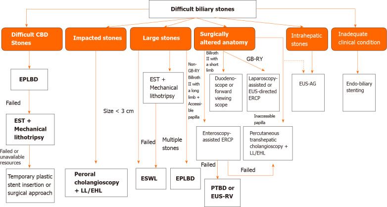 Proposed algorithm for management of difficult biliary stones[6,59,62]. CBD: Common bile duct; EPLBD: Endoscopic papillary large balloon dilation; EST: Endoscopic sphincterotomy; LL: Laser lithotripsy; EHL: Electrohydraulic lithotripsy; ESWL: Extracorporeal shockwave lithotripsy; ERCP: Endoscopic retrograde cholangiopancreatography; PTBD: Percutaneous transhepatic biliary drainage; EUS-RV: Endoscopic ultrasound-rendezvous technique; EUS: Endoscopic ultrasound; EUS-AG: Endoscopic ultrasound-antegrade.