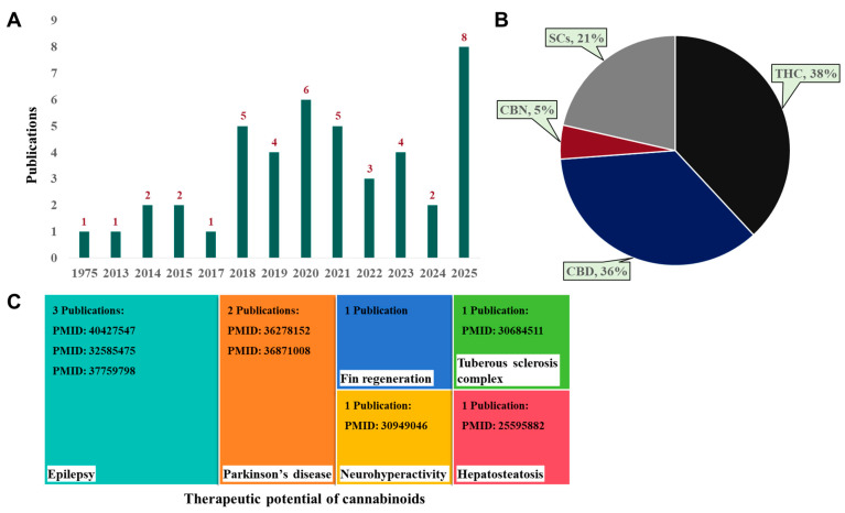 (A) Number of publications studying toxicity profiles and/or therapeutic potential of cannabinoids using zebrafish (Danio rerio) as a model organism (the last search for publications was carried out in July 2025). (B) Proportion of studies assessing toxicity profiles of THC, CBD, CBN, and SCs. (C) Number of publications exploring the therapeutic potential of cannabinoids in zebrafish disease models.