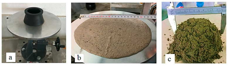 Images related to spread diameter tests: (a) spread diameter test device, (b) control sample, (c) geopolymer mortar with 20% HF substitution.