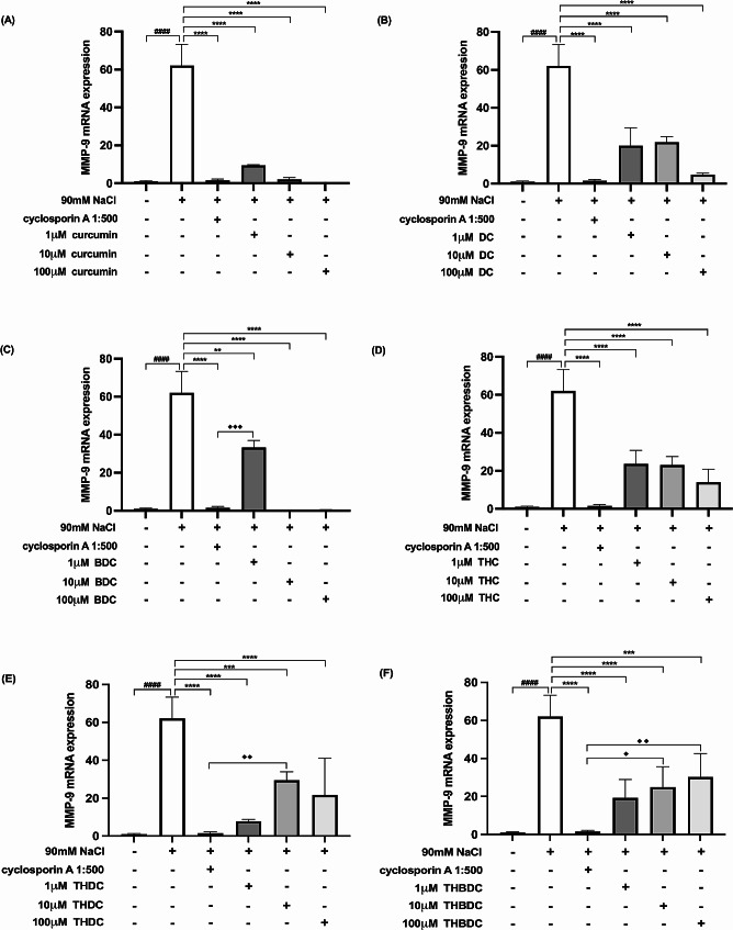 Effect of curcuminoids and curcuminoid analogs on MMP-9 mRNA expressions in hyperosmotic-induced human corneal limbal epithelial cells. After 90mM NaCl exposure for 6 h, ICAM-1 mRNA expression levels were inhibited by (A) curcumin, (B) demethoxycurcumin (DC), (C) bisdemethoxycurcumin (BDC), (D) tetrahydrocurcumin (THC), (E) tetrahydrodemethoxycurcumin (THDC), and (F) tetrahydrobisdemethoxycurcumin (THBDC). mRNA expression levels were assessed using quantitative RT-PCR. ####P < 0.0001 compared to control. **P < 0.01, ***P < 0.001, ****P < 0.0001 compared to NaCl alone. ♦P < 0.05, ♦♦P < 0.01, ♦♦♦P < 0.001 compared to NaCl + cyclosporin A