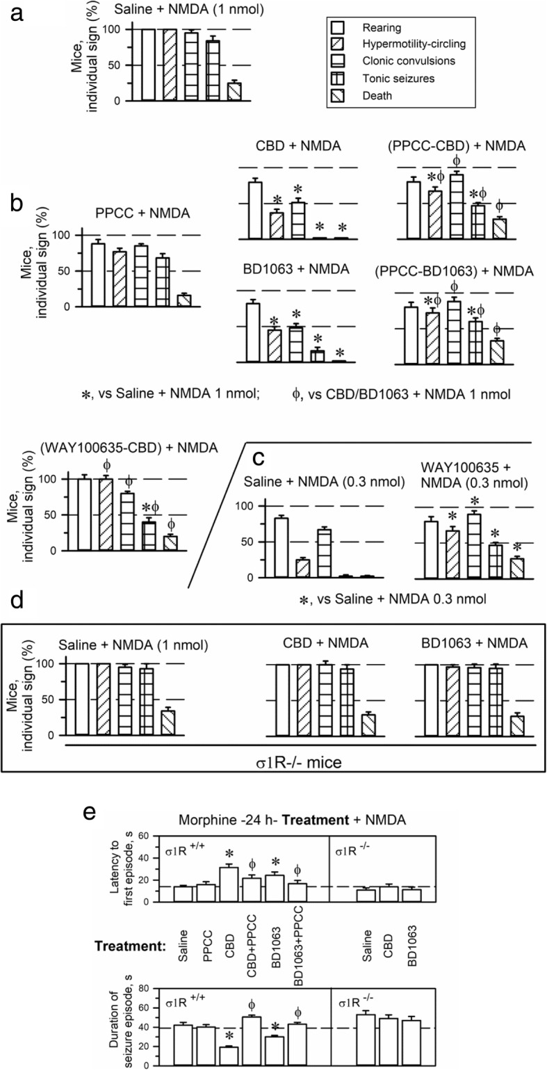 Anticonvulsant effects of CBD in a mouse model of seizures induced by NMDAR overactivation. a Behavioral alterations produced by the icv administration of 1 nmol NMDA to mice. Each bar indicates the percentage of mice showing the indicated sign and represents the mean ± SEM of 8 mice. b Effects of PPCC, CBD and BD1063 on seizures induced by NMDA. The mice received the NMDAR agonist NMDA icv (1 nmol) 30 min after the drugs (3 nmol PPCC, BD1063, CBD or 5 nmol WAY100635) and were then immediately evaluated. c Effect of the 5HT1AR antagonist WAY100635 on the convulsive syndrome evoked by 0.3 nmol NMDA. d Lack of an effect of CBD and BD1063 on seizures induced by 1 nmol NMDA in σ1R−/− mice. e Effects of the treatments on the latency and duration of the seizure episodes induced by 1 nmol NMDA in wild type and σ1R−/− mice. *Significant difference from the control group receiving NMDA and saline instead of the drugs. φ Significant difference from the corresponding NMDA-induced behavioral signs exhibited by the group receiving only CBD or BD1063, p < 0.05. ANOVA, Dunnett’s multiple comparison vs control group, p < 0.05