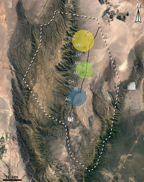 Clusters of localities in the Castro Barros Department with high and low T. infestans infestation rates. Entomological evaluation with community participation in December 2017. Each circle represents a cluster area and group localities with similar T. infestans infestation rates. North Zone cluster (low infestation = 0.02%). Center Zone cluster (low infestation = 0.07%). South Zone cluster (high infestation = 39.7%). SP San Pedro, SVC Santa Vera Cruz, ANJ Anjullón, LM Los Molinos, ANI Anillaco, AMI Aminga, CH Chuquis, PI Pinchas, AG Agua Blanca