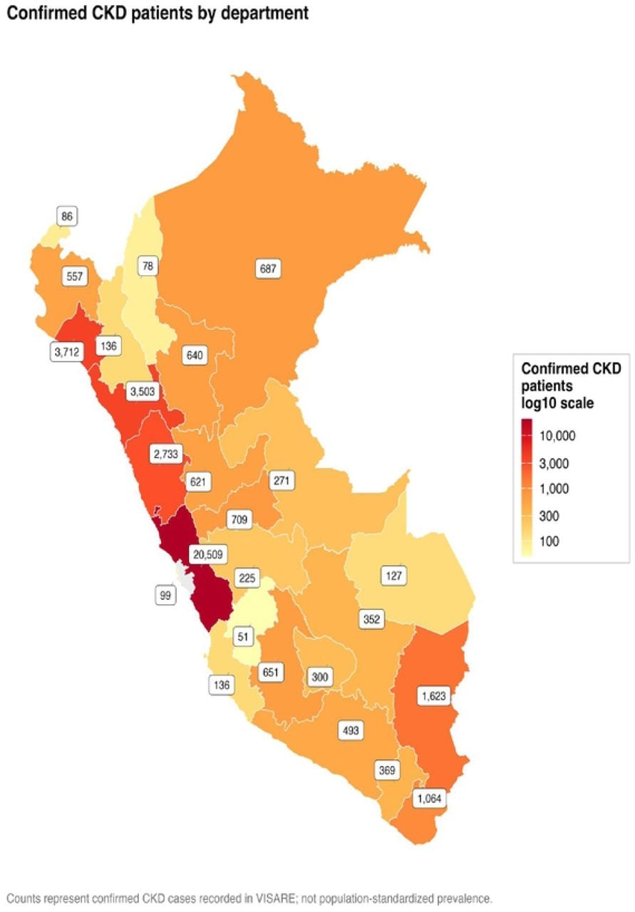 Map of patients with chronic kidney disease included by department of the National Renal Health Surveillance Registry (VISARE) of EsSalud, 2013-2022