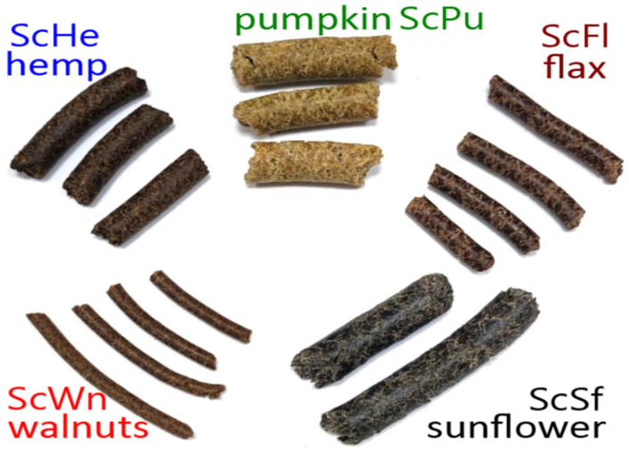 Visual aspects of seed cakes from walnuts, hemp, pumpkin, flax, and sunflower.