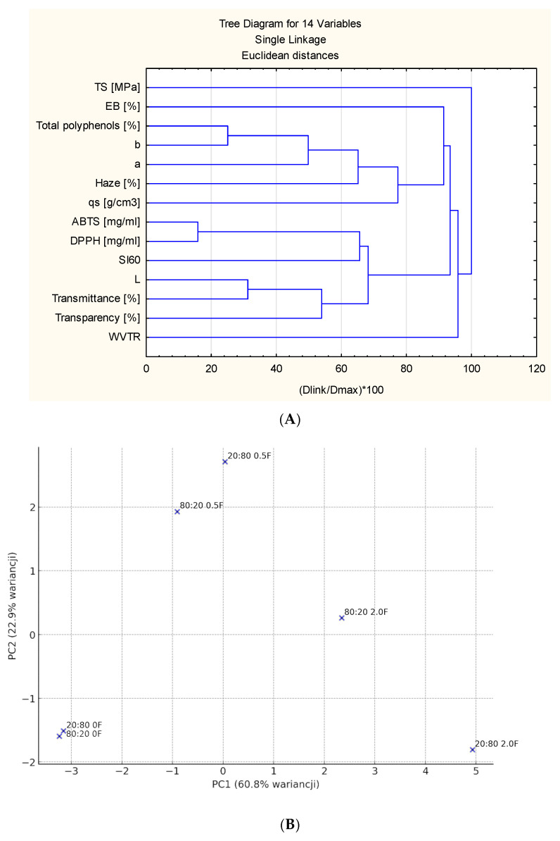 (A) Cluster analysis of the determined parameters of the studied films (p < 0.05); (B) PCA analysis.