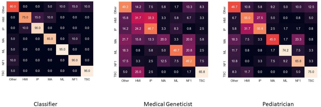 Confusion matrix comparing our classifier (right) versus the two different clinician types (middle and left) for classification of focused images. Rows represent the correct label, while columns represent the label chosen by the classifier or the clinicians. The diagonal numbers represent the percent accuracy for each category (the percentage of time the correct label was identified), while the off-diagonal numbers represent misclassifications, with the number corresponding to the percentage of time the label for a given image type was ascribed to another, incorrect category.