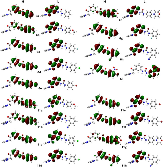 Calculated minima structures of new N,N′‐diarylureas 6a–i and 11a–h at the B3LYP/6‐311+g(d,p) methodology in THF solvent. (Atoms C = grey balls, H = white, O = red and N = blue).