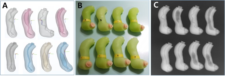 3D modeling and fabrication of eight different types of ampullary and CBD modules. a 3D model parts of 8 different types; b 8 fabricated CBD modules; c Fluoroscopic image of the modules