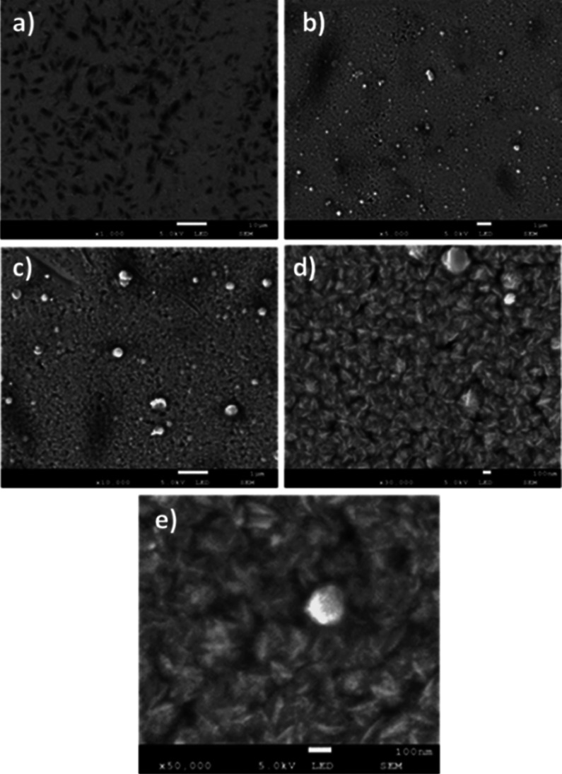 Different magnifications of the morphology of the CdS TF without thermal annealing: (a) 1000×, (b) 5000×, (c) 10,000×, (d) 30,000×, and (e) 50×000×.
