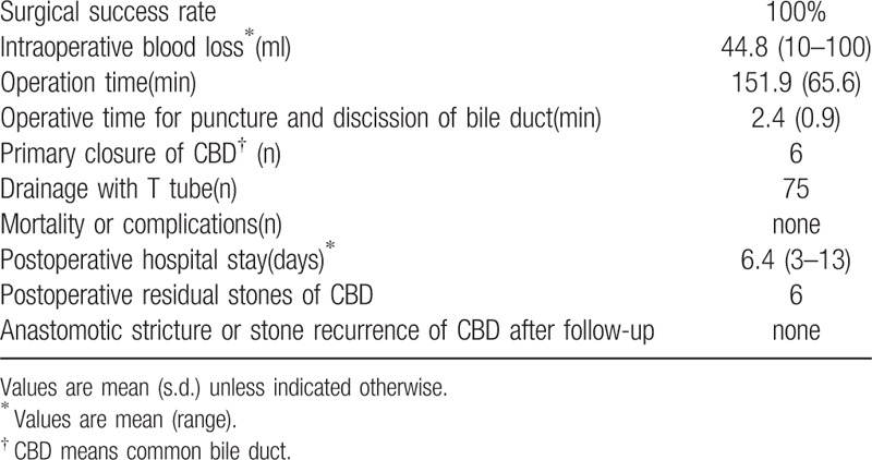 Operative results of patients who underwent laparoscopic common bile duct exploration with puncture and discission with a needle.