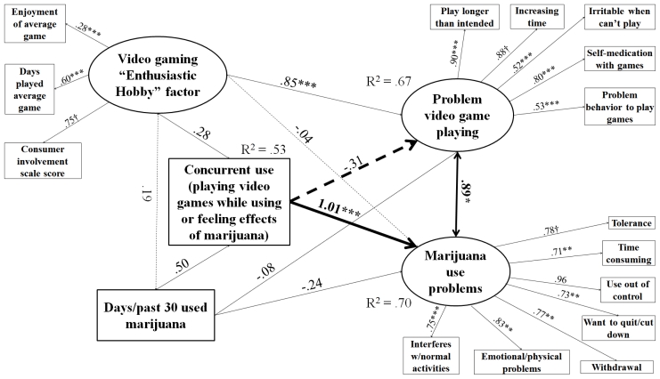 Structural equations model for effect of concurrent use on PVP and marijuana use problems among marijuana users.N = 133. Root mean square error of approximation (RMSEA) = 0.038, Comparative fit index (CFI) = 0.891. Tucker-Lewis index (TLI) = 0.857. Heavy lines indicate paths testing study hypotheses, light lines indicate control/measurement model paths. Solid lines indicate significant paths, and dashed lines indicate non-significant paths. Coefficients standardized after estimation; † indicates parameter constrained to be 1 for estimation. Model controls for age, educational level, gender, income, employment status, and race. * p < 0.05, ** p < 0.01, *** p < 0.001.