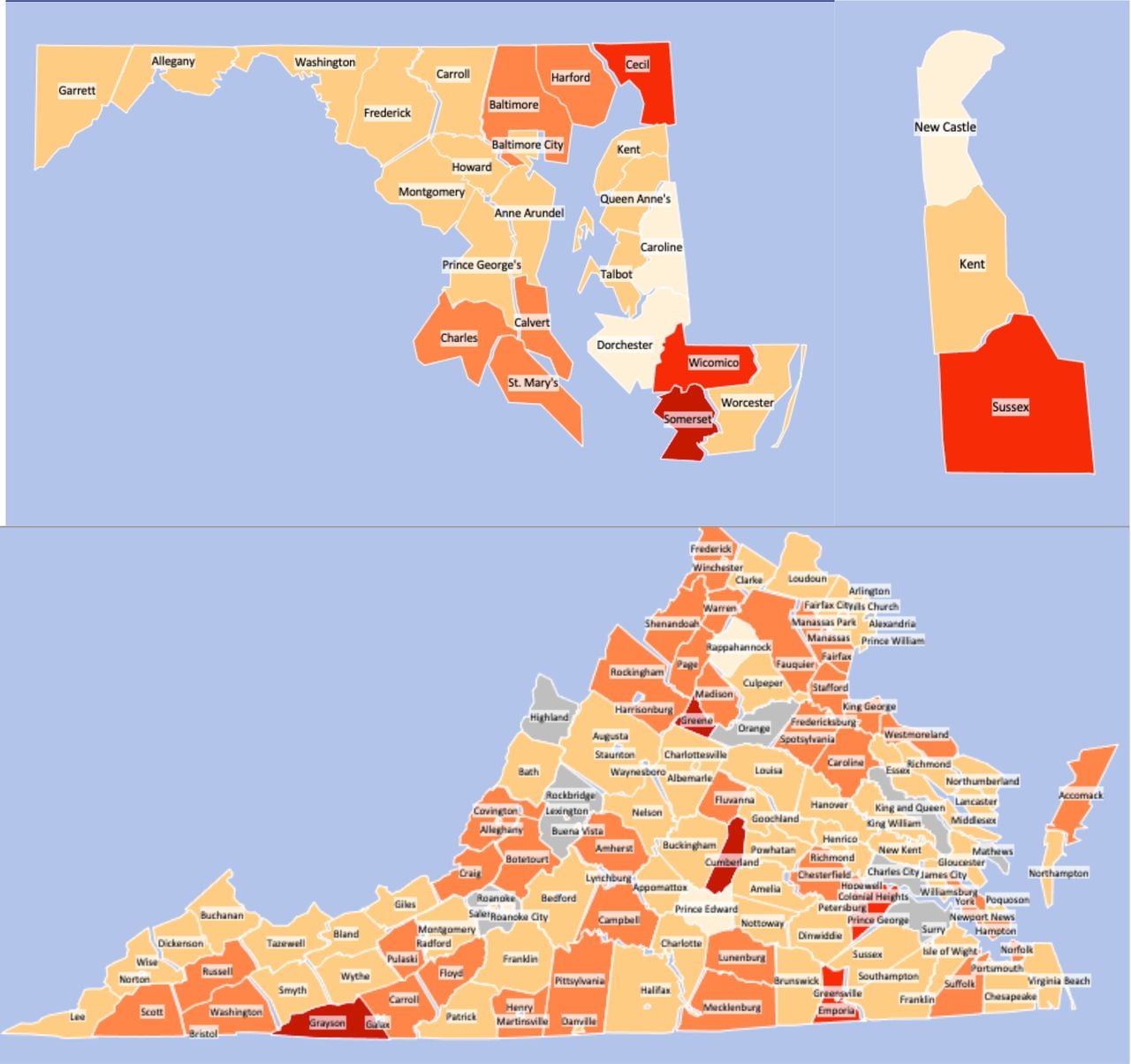 % change in oxycodone MME by county as reported by ARCOS (2006-2010)*Darker Red = More standard deviations above state mean*Grey = Population data not available