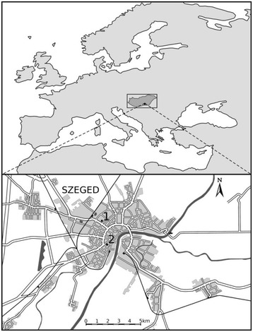 Location of Europe including Hungary (upper panel) and the urban web of Szeged with the positions of the data sources (lower panel). 1: meteorological station; 2: aerobiological station. The distance between the aerobiological and the meteorological station is 2 km.