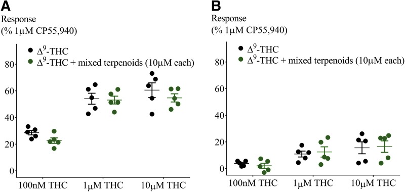 Testing the “Entourage effect.” Effect of combination of six terpenoids at 10 μM each on Δ9-THC-induced hyperpolarization in (A) AtT20-CB1 and (B) AtT20-CB2. Response to Δ9-THC at two submaximal and one maximal concentration (n=5, SEM, unpaired t-test p>0.13). Data presented as % of maximum CP55,940 (1 μM) response.