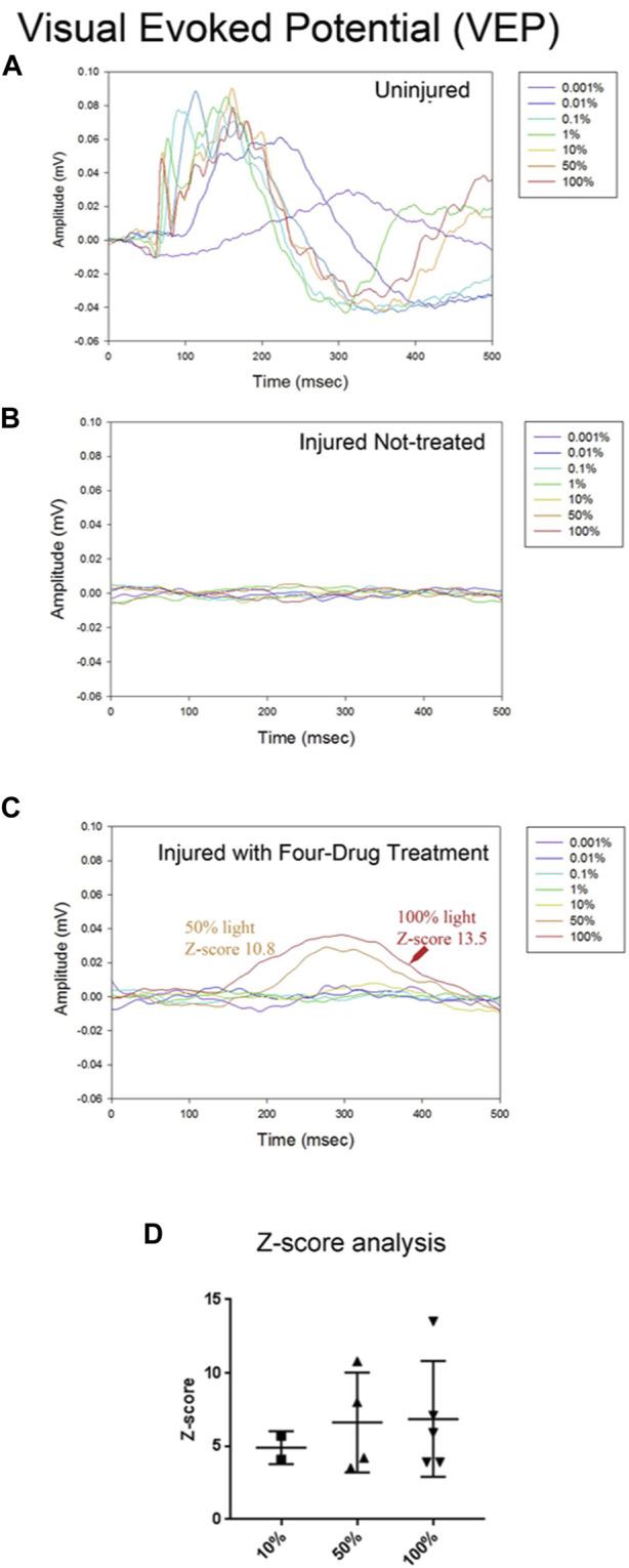 The four-drug combination enhances VEP responses compared to injured optic nerves treated with vehicle only. Visual evoked potential (VEPs) from the brain were simultaneously recorded with the fERGs. In the uninjured eye (A) the VEP was slow for the dimmest flash, peaking around 300 ms, and had fast onset with multiple wave components and compound action potentials for the brightest flashes. Injured eyes with no treatment (B) have no detectable VEP activity. The VEP in several treated animals (C) exhibited a slow waveform in response to the highest intensities of light (50% and 100%), suggesting that some axons regenerated all the way to the brain. Z-score values for 50% and 100% are shown in the figure, indicating they are significantly different from the noise. (D) Summary of the Z-scores calculated for the five animals with four-drug treatment that showed VEP signals at some intensity. Of the five animals tested at 10%, 2/5 met the criterion to be above a Z-score of 3; all 4 tested at 50%, showed a response; and all 5 tested at 100% showed a response. The one animal not tested at 50% showed VEPs at 10% and 100%.