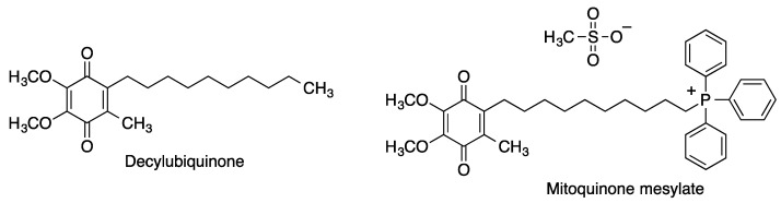 Structures of decylubiquinone and its mitochondria-targeted phosphonium analogue mitoquinone mesylate.