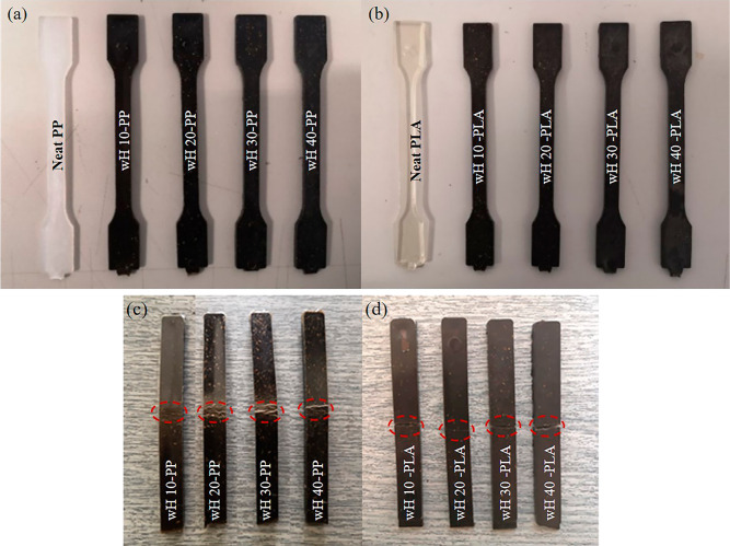 Tensile test specimens with an increasing amount of reinforcement (a) PP and (b) PLA samples; bending test specimens after test (c) PP and (d) PLA samples.